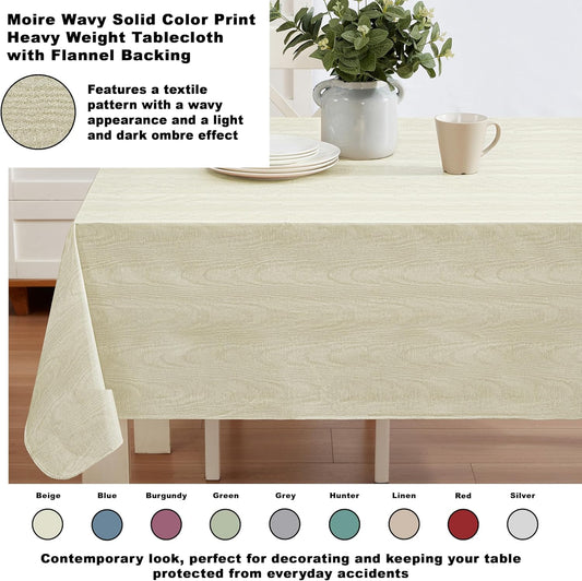 Newbridge Vinyl Flannel Backed Tablecloth, 60 x 102 Inch Rectangle, Beige Moire Wavy Solid Design, Heavyweight Indoor Outdoor Waterproof Table Cover, Easy Care Wipe Clean