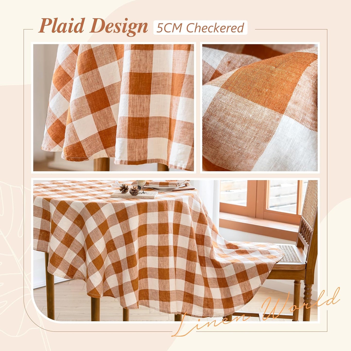 Linen World Gingham Tablecloth – Buffalo Plaid Round Linen Tablecloth 90" Inch,100% French Flax Table Cloth for Dining Table,Weddings,Thanksgiving & Christmas Decor,Rust Checkered