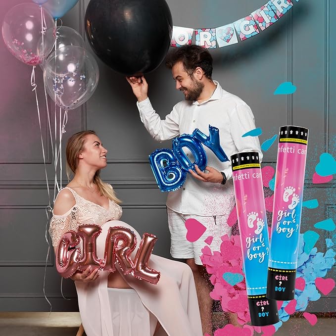 Crisky Gender Reveal Confetti Cannon Heart Shaped Confetti Poppers 2 Pink 2 Blue Baby Shower Baptism Party Cannons Shooter Blaster