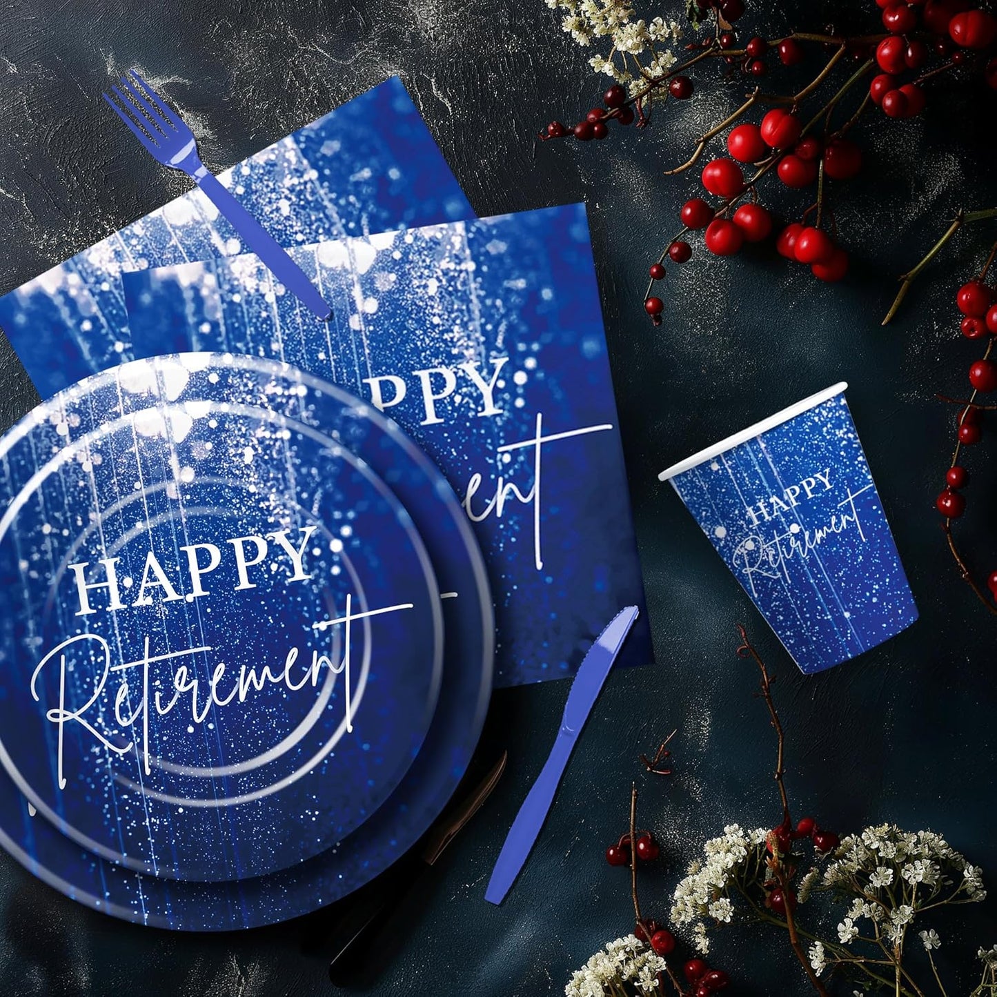 Blue Retirement Party Decorations Tableware For Women Men, Disposable Happy Retirement Party Supplies, Paper Plate, Cup, Napkin, Fork, Serve 24