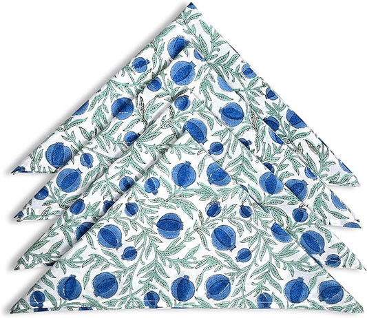 Ridhi Queen Blue Hand Block Print 100% Cotton Napkins 18" x 18" (Set of 4) Reuseable Kitchen Napkins Cloth Decor Dinner Party Wedding Cocktail Gift for Spring, Easter, Valentine