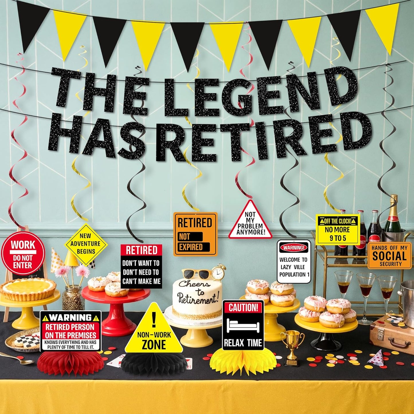Roetyce Retirement Decorations Men Women, Caution Happy Retirement Banner Hanging Swirls Centerpieces Kit, Funny Legend Retired Party Supplies Backdrop for Coworker Family