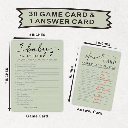 Minimalism Baby Family Feud Game - 5"X7" Moss Green Fill In Style Game Cards, Gender Reveal Party & Activity - Baby Shower Party Favors And Decorations (Pack Of 30 &1 Answer Cards)-B06