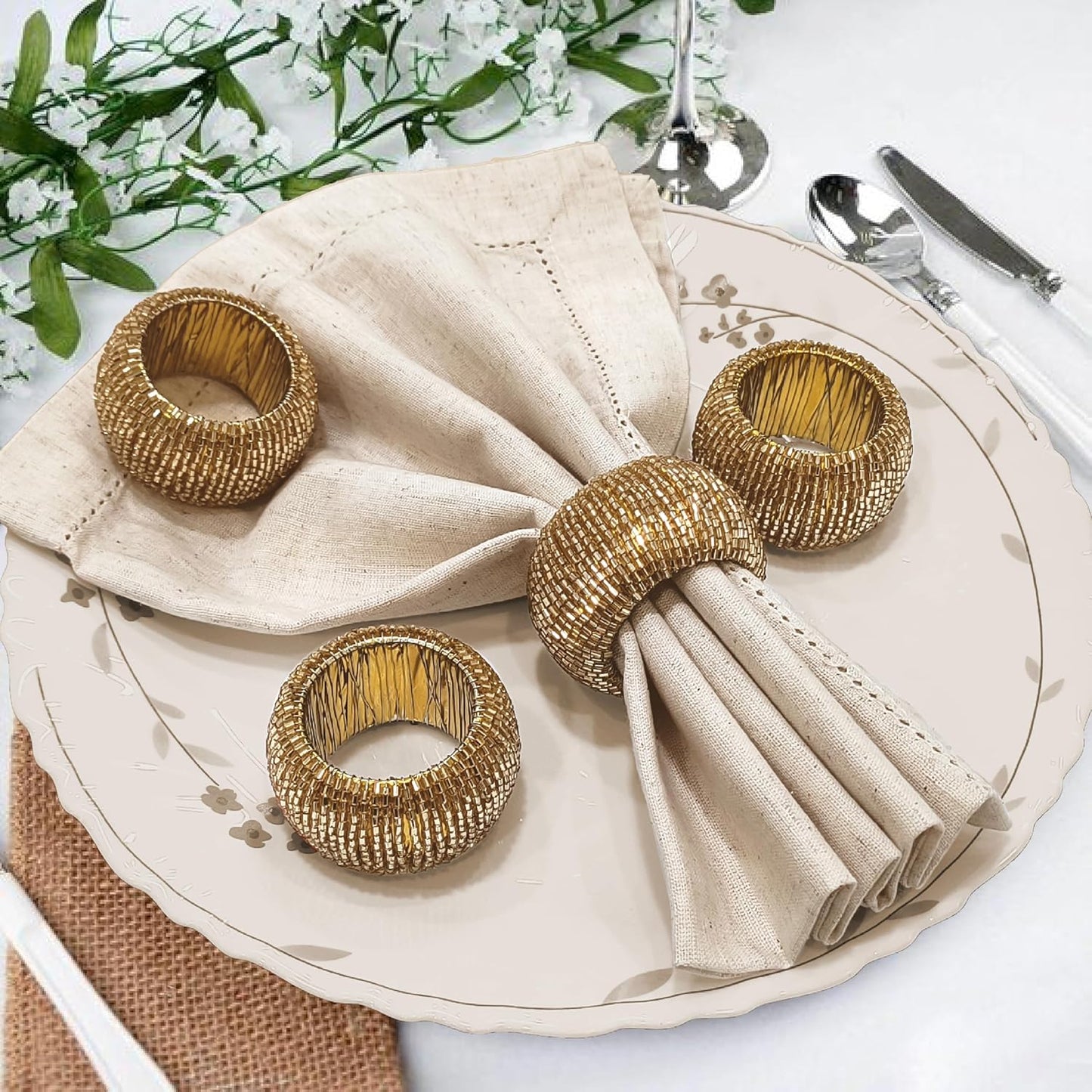 Napkin Ring Gold, Napkin Rings Set of 12, Beaded Napkin Holders, Round Napkin Rings Bulk for Christmas Party Decoration, Dinning Table, Everyday, Family Gatherings - Set Your Table with Style - Gold