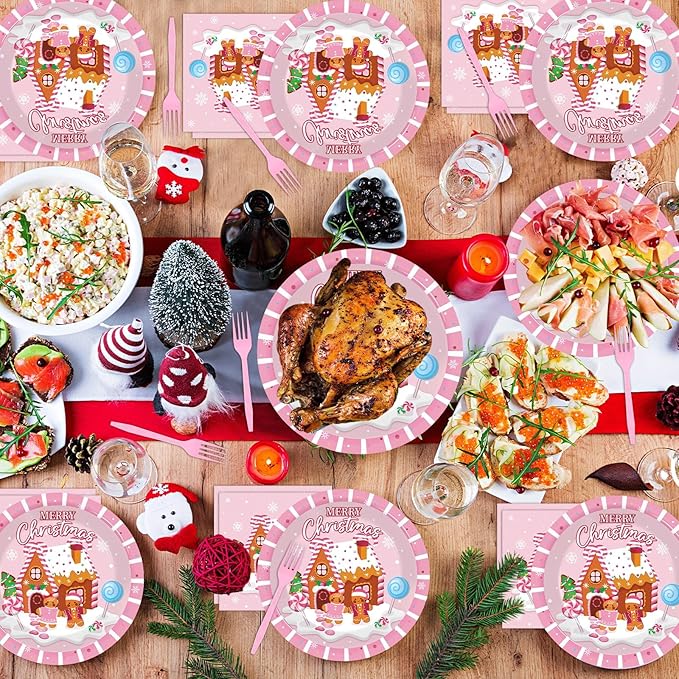 OBUSATT 96Pcs Christmas Gingerbread Paper Plates and Napkin Christmas Party Supplies Pink Gingerbread House Tableware Dinnerware Set for Xmas Winter Holiday Seasonal Table Party Decoration Serve 24