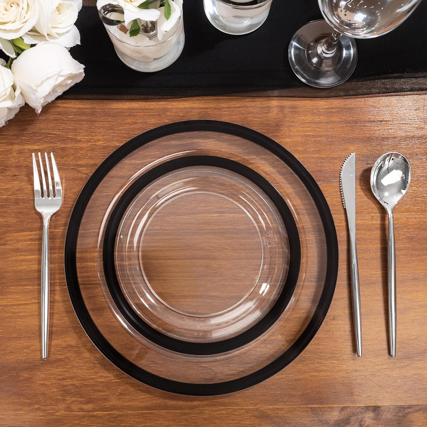 U-QE 200 Pcs Black Plastic Plates for Party - Black Plates Disposable Heavy Duty - Include 100 Dinner 10'' & 100 Dessert 7'', Perfect for Party & Wedding (Heavyweight)