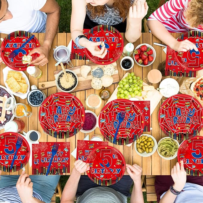96Pcs Spider 5th Birthday Party Decorations Cartoon Spider Theme Plates Napkins Red Blue Hero Tableware set Disposable Spiderweb 5th Birthday Decoration Favors for Kids 5 Year Party Supplies Serve 24