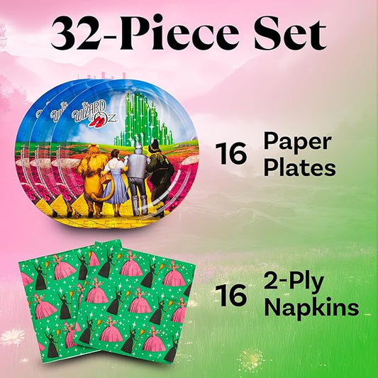 Silver Buffalo The Wizard of Oz Emerald City Featuring Dorthy, Lion, Tin Man, Scarecrow, Wicked Witch of the West Elphaba, and Glinda 32 Pack Partyware Disposable Paper Plates and Napkins