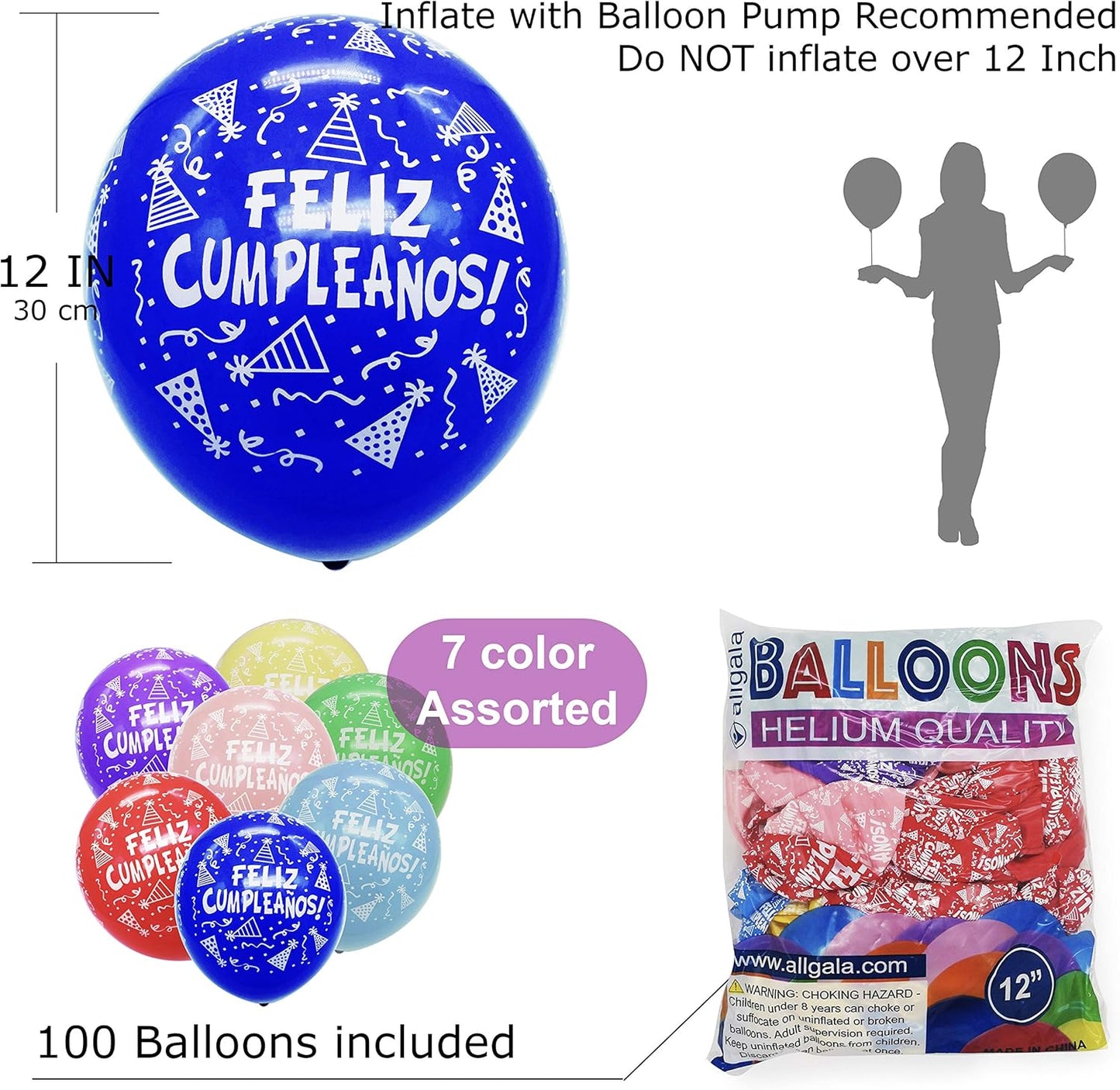 Allgala Latex Balloons for Parties | Helium Grade Bulk Balloon Pack | Ideal for Birthday Party Decorations, Baby Shower, Christmas Party | Colored Balloons for Events | 100ct 12" - Feliz Cumpleaños