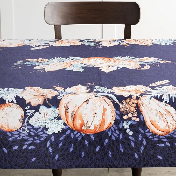 Maison d' Hermine Table Cloth Rectangle Table 100% Cotton 70 x 90 Inches Fall Tablecloth Reusable Everyday Use for Thanksgiving Christmas Decorations Dining Farmhouse Party (Pumpkin Blues)
