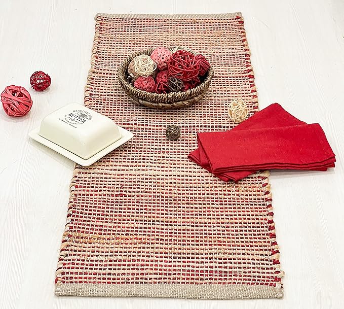 Chardin home Natural Jute Table Runner 13x36 Inch – Vintage Boho Rustic Table Decor – Handwoven Table Runner in Natural Jute and Red – Farmhouse Dining or Console Table Accent