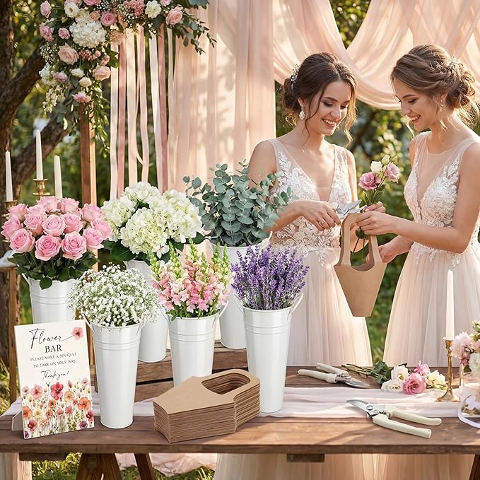 LEIFIDE 39 Pcs Flower Bar Buckets Set Kit Bloom Bar Supplies Include Wood Sign Gift Bags Iron Bucket Garden Flower Shears for Valentine Days Wedding Bridal Shower Table Centerpieces (Light Beige)