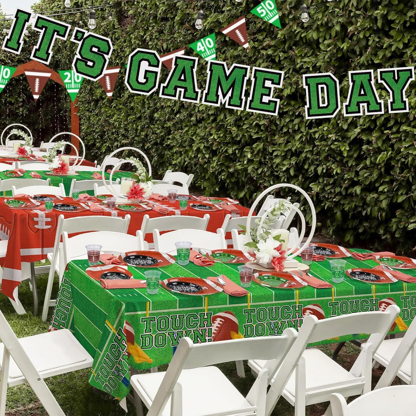 Gatherfun Football Party Supplies Kit for 24 Guests - Includes Large 12.5in Plates, Dessert Plates, Napkins, Cups, Banner and Touchdown Tablecloth - for Football Tailgate Party Decorations