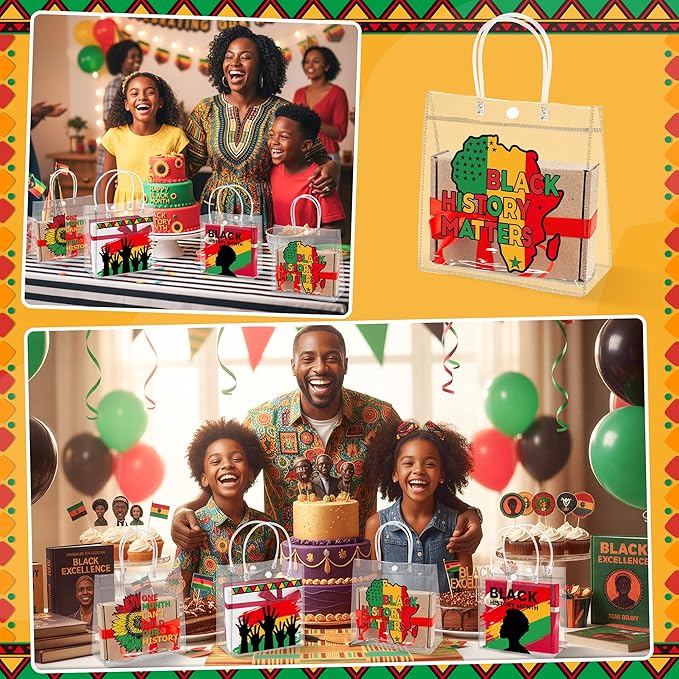 H1vojoxo Black History Gift Bags - 24PCS Black History Month Clear PVC Gift Bags With Handle for School Family Gathering Party Decorations Reusable Clear PVC Goodie Treat Bag for African Party Favors