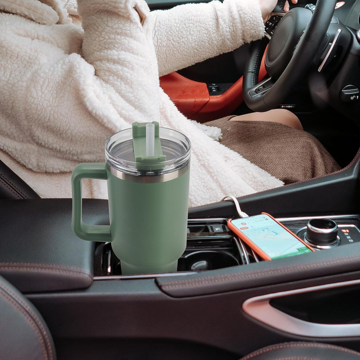 40 oz Tumbler with Handle and Straw Spill Proof Large Travel Coffee Mug Insulated Reusable Stainless Steel Cup with Lid Fit for Car Cup Holder(Green)