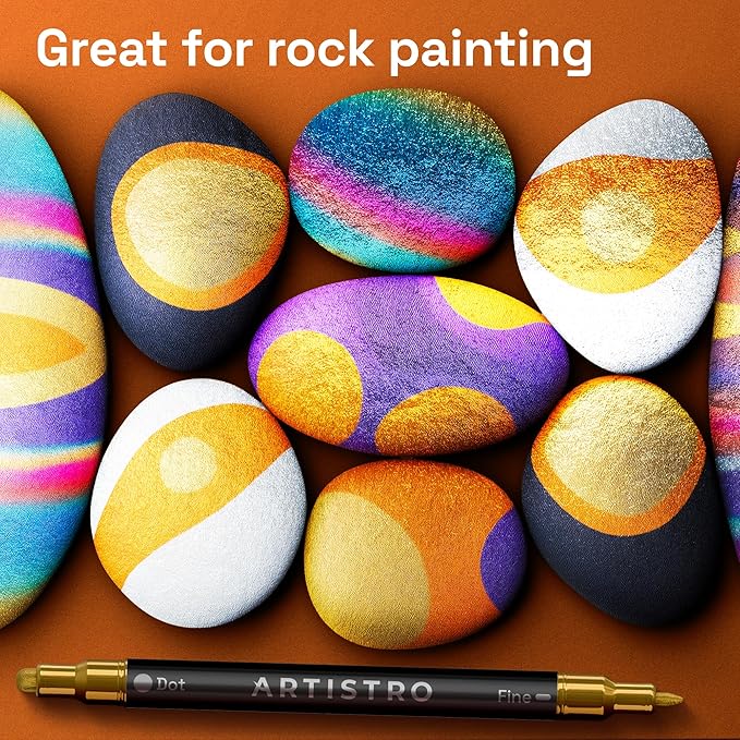 ARTISTRO 36 Metallic Acrylic Paint Markers for Rock, Fabric, Wood, Glass, Decoration - Dual-Tip Paint Pens for Coloring Books for Adults, Teens, Kids - Art and Craft Supplies Kit - Gift Idea