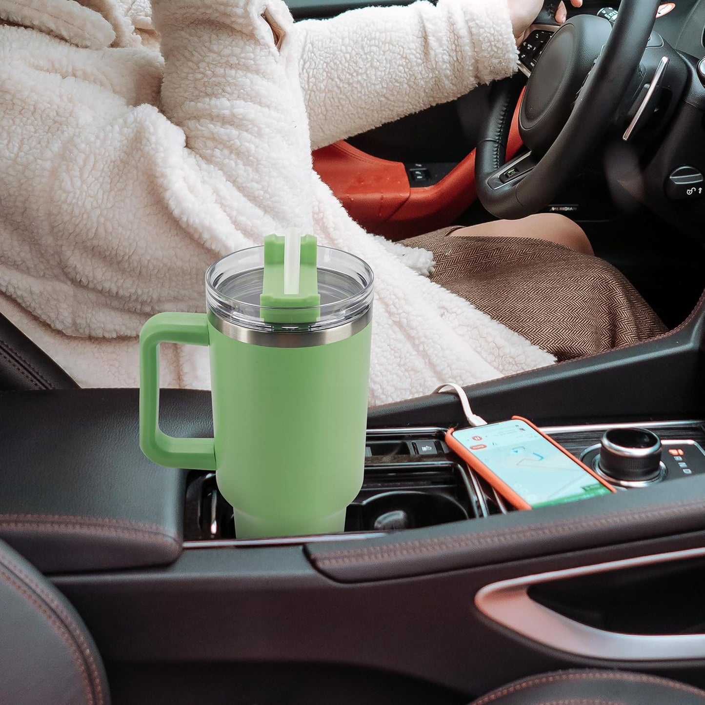 40 oz Tumbler with Handle and Straw Spill Proof Large Travel Coffee Mug Insulated Reusable Stainless Steel Cup with Lid Fit for Car Cup Holder(Mint Green)