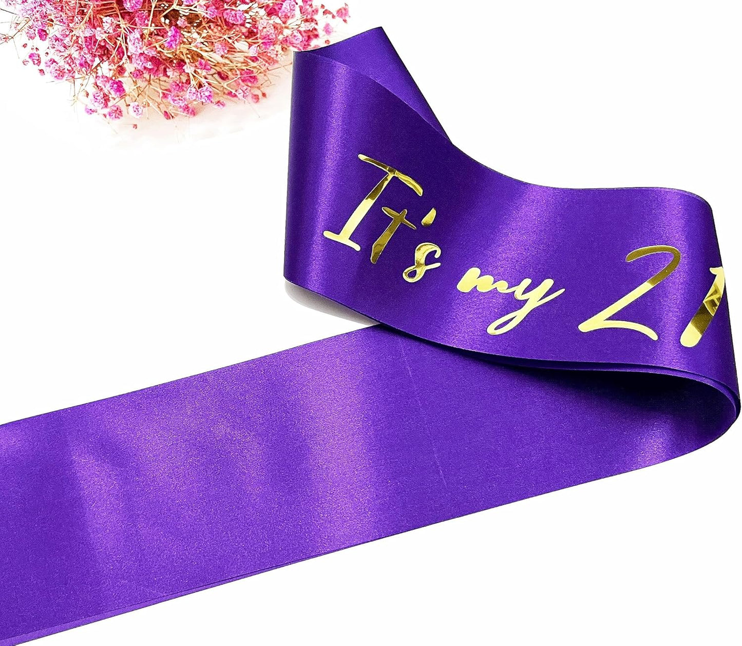 21st Birthday Sash, Purple Satin Soft Sashes with Gold Foil Letter, Birthday Decorations for Girls, Happy 21st Birthday Party Favor Supplies,Purple Gold
