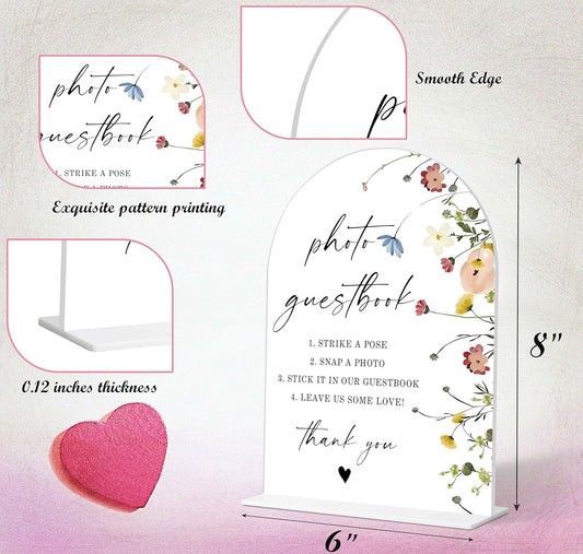 Photo Guest Book Sign, Wedding Guest Book Alternative, Flower Style Bridal Shower Signs for Engagement, Bridal Shower and Reception, Wedding Shower Favors, 6X8 Inch Acrylic Arch Sign with Stand,34