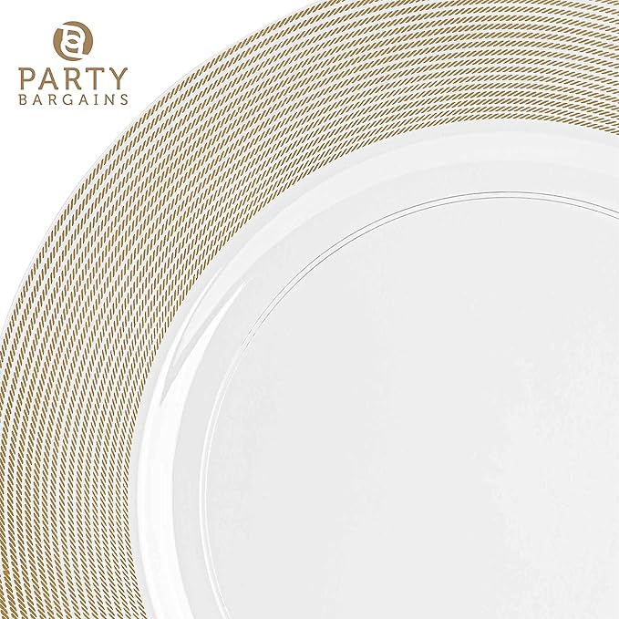 PARTY BARGAINS 13-Inch Charger Plates - 96 Pack, Clear Gold Rope Textured Rim, Heavy-Duty Disposable Chargers for Elegant Dining - Ideal for Weddings and Formal Events