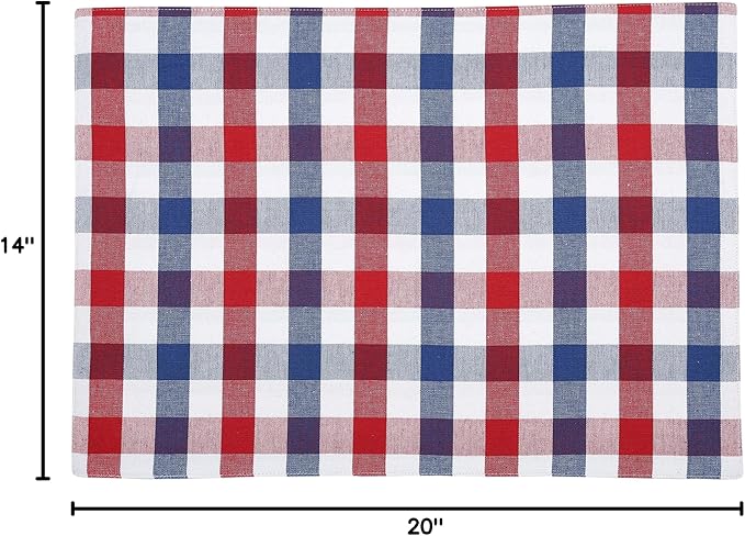 Urban Villa July 4th Placemats for Dining Table Patriotic Placemats 100% Cotton (Set of 6) 14''x20'' Oversized Tablemats for Family Dinner Parties (Red/Blue/White Buffalo Checks)