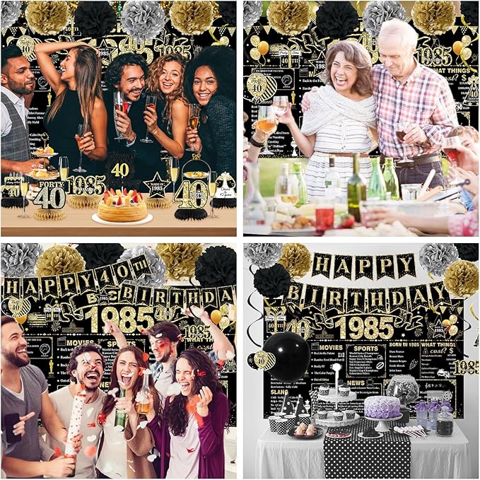 40th Birthday Decorations Men, Black Gold Back In 1985 Birthday Banner Decorations, Vintage 40th Birthday Table Decorations, Cake Topper, Balloons, Backdrop, Sash Party Supplies for Men