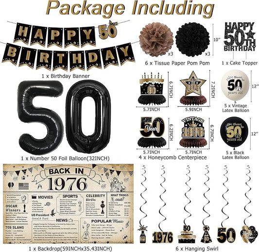 DARUNAXY 50th Birthday Party Decorations for Men Women, Vintage Back in 1976 Banner, Black 50 Number Balloons & Cake Topper, Vintage 1976 50 Birthday Honeycomb Hanging Swirl Confetti Balloons(30PC)
