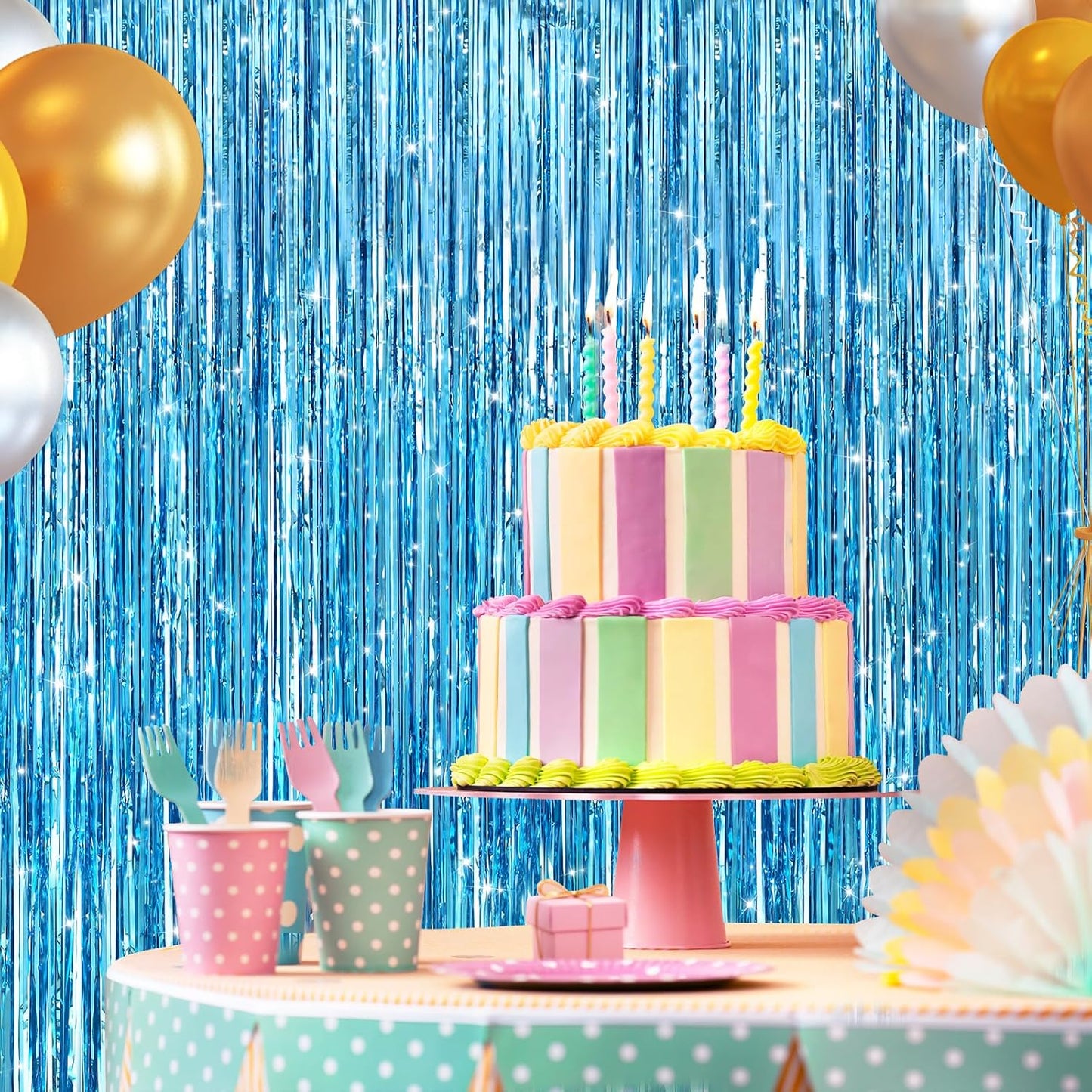 2 Pack Light Blue Metallic Tinsel Foil Fringe Curtains, Door Streamers Photo Booth Backdrop for Birthday Party, Tinsel Curtain Backdrop for Baby Shower Bachelorette Christmas Party Decorations