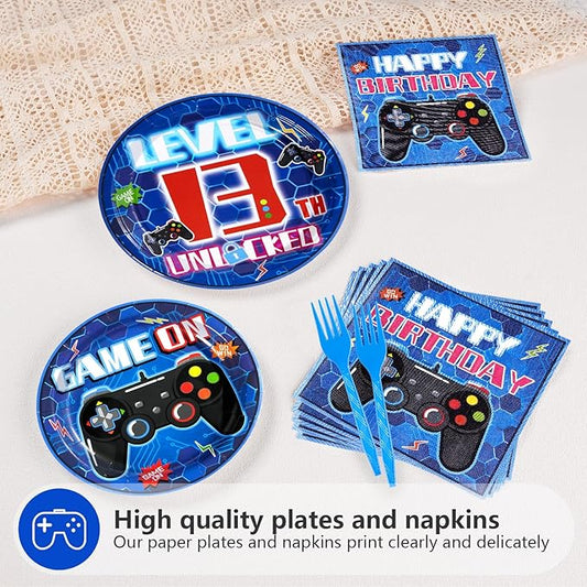 Grencian 96Pcs 13th Birthday Party Decorations Blue Video Game Plates Disposable Blue Official Teen 13th Birthday Paper Tableware Set for Boys 13 Year Old Video Game Theme Party Supplies, Serves 24