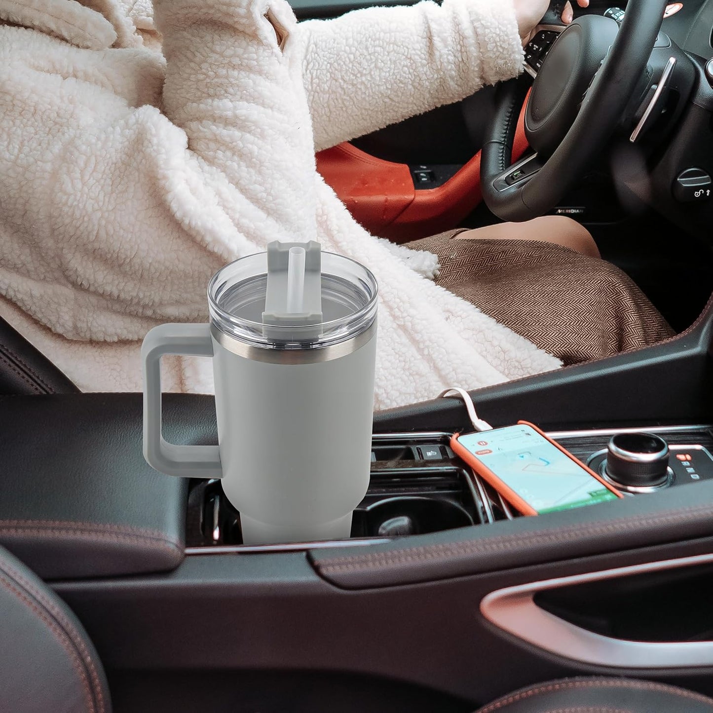 40 oz Tumbler with Handle and Straw Spill Proof Large Travel Coffee Mug Insulated Reusable Stainless Steel Cup with Lid Fit for Car Cup Holder(Grey)