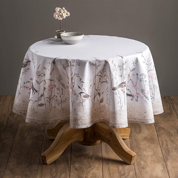 Maison d' Hermine Table Cloth Round Table 100% Cotton 69 Round Inches Tablecloth Reusable Decorative for Dining Room Farmhouse Home Valentines Day Decorations Spring Summer - Meadow Florals - Brown