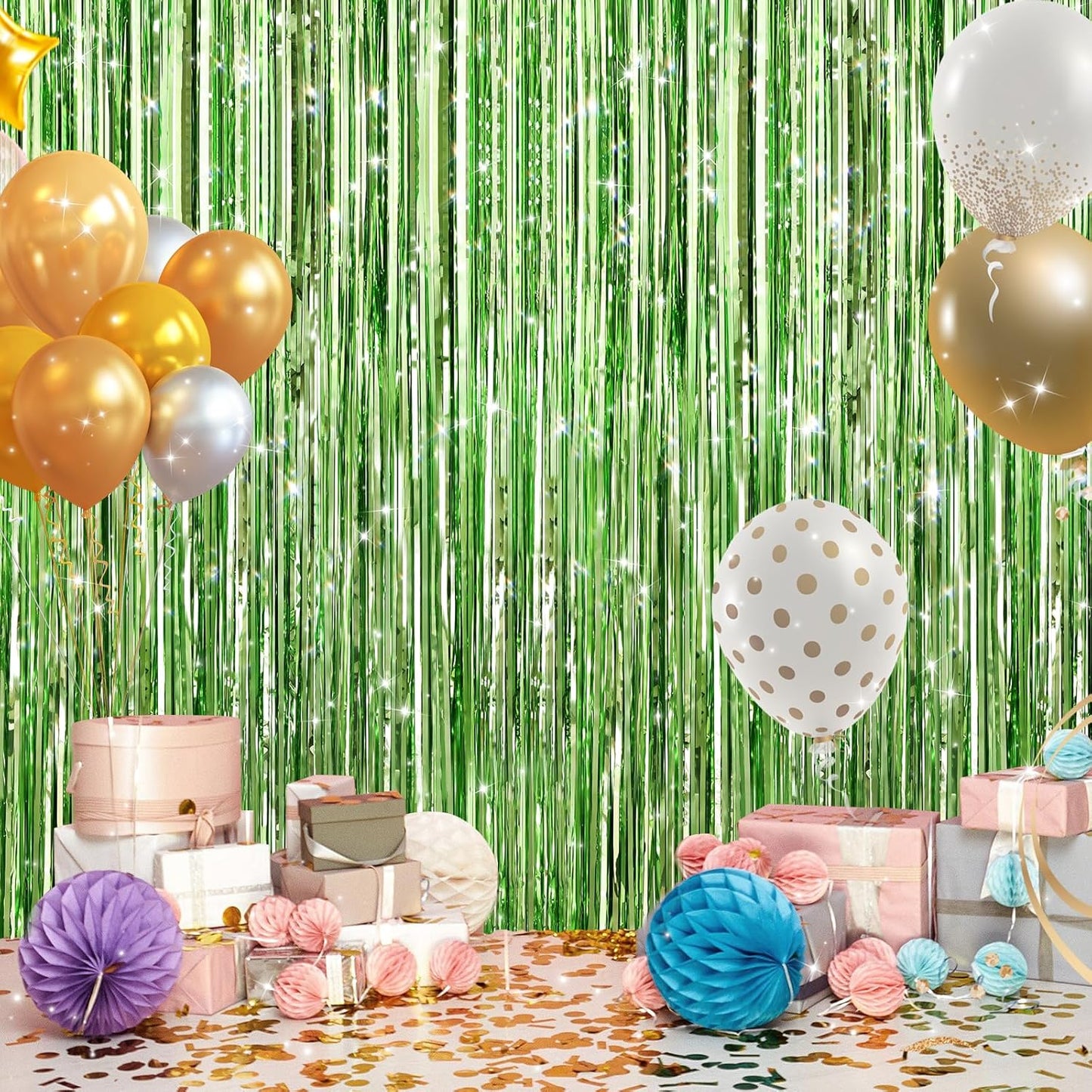 2Pack Light Green Foil Curtain Backdrop Green Metallic Tinsel Foil Fringe Curtains Photo Booth Props for Birthday Wedding Engagement Baby Shower Bachelorette Xmas Holiday Celebration Party Decors