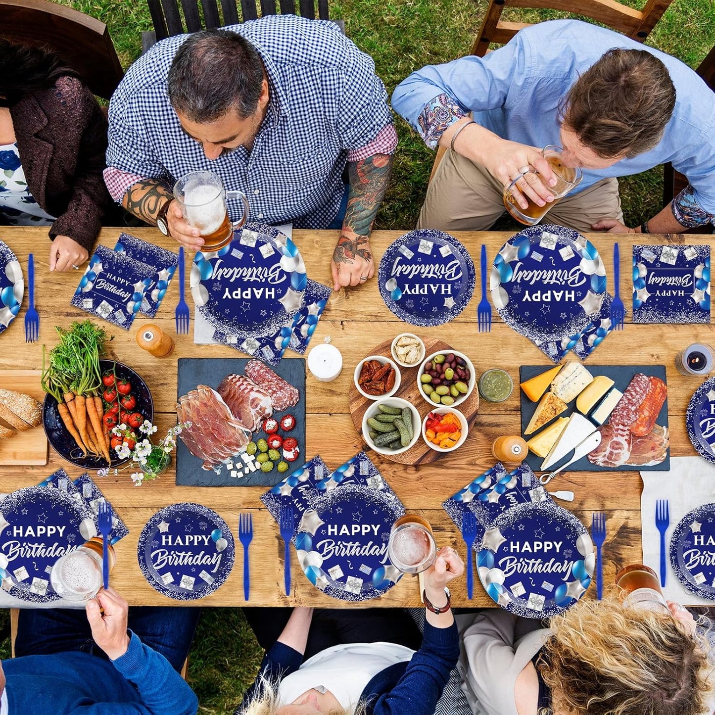 50 Guests Blue Birthday Plates Napkins Happy Birthday Plates Navy Blue and Silver Happy Birthday Plates for Men Women Disposable Paper Plates Napkins Forks Party Decorations Tableware Set 200 PCS