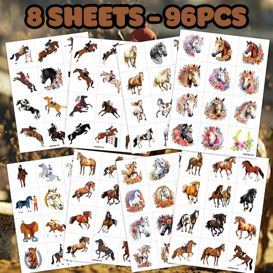 96 PCS Floral Cowgirl Horse Derby Pre-Cut Temporary Tattoos Birthday Party Favors Decorations Supplies Stickers Racing Pink Wild Horse Rodeo Cowboy Girls Boys Men Gift School Prizes Rewards (Normal)
