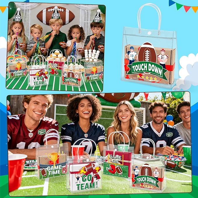 H1vojoxo Football Party Gift Bags - 24PCS Football Clear PVC Gift Bags with Handle Reusable Rugby Sports Goodie Bag for Boys Birthday Rugby Tote Bag for Snack Large Candy Treat Ball Themed Party Favor