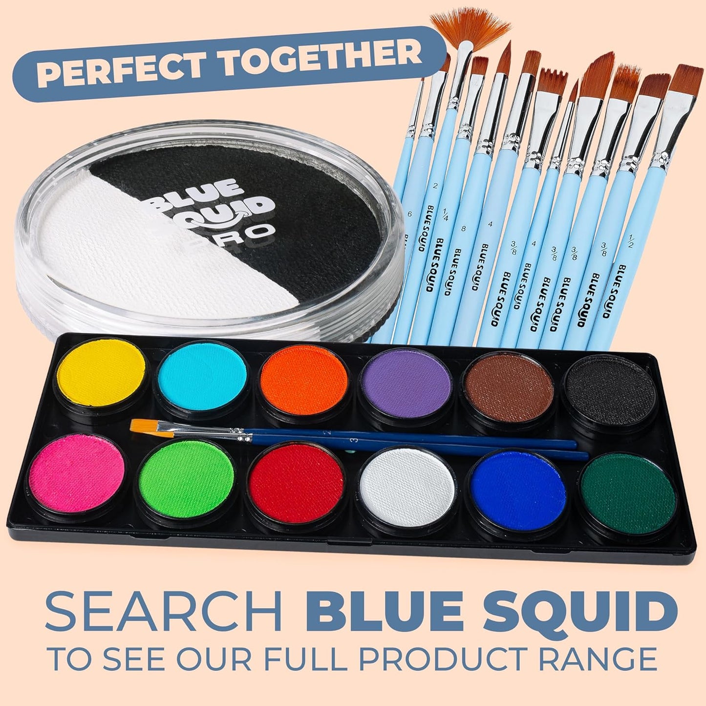 Blue Squid Face Paint Water Based Single Cake Professional Face & Body Paint - Water Activated, Kids Adults Face Painting for Costume, Halloween Makeup, Cosplay - Split Black & White Face Paint 30g