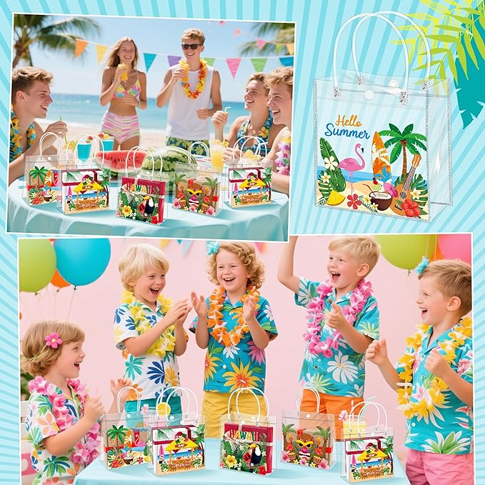 H1vojoxo Summer Hawaiian Gift Bags - 24PCS Hello Summer Clear Gift Bags with Handle 7.9 x 3.2 x 7.9 Inch Reusable PVC Plastic Transparent Waterproof Tote Bag for Hawaiian Party Birthday Party Supplies