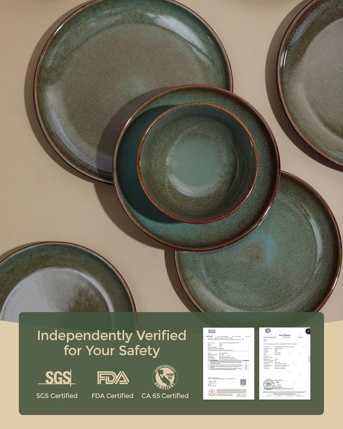 Stoneware Pasta Bowls Set of 6, 8.75 Inch Ceramic Bowl Set 32 Oz, Microwave & Dishwasher Safe Bowl Plates, Large Salad Bowl for Serving Soup, Pasta, Noodle, Dinner, Brown Green