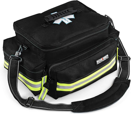 Scherber First Responder Fully-Stocked Professional Essentials EMT/EMS Trauma Kit | HSA/FSA Approved | Reflective Bag w/8 Zippered Pockets & Compartments & 200+ First Aid Supplies - Black