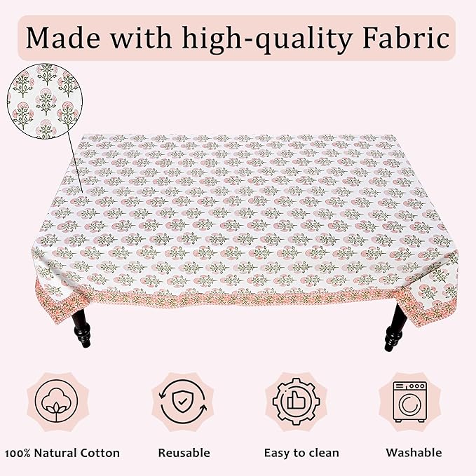 Ridhi Hand Block Print Mughal Buta Peach Rectangle Cotton Tablecloth 108" x 60" Reusable Table Cover Decorative Everyday Use for Dining, Farmhouse, Home Gift for Spring, Easter, Valentine
