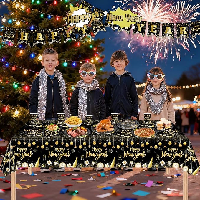 82 Pcs New Years Eve Party Supplies 2026 Set - Black Gold Happy New Year Decorations Kit, Including New Year Plates Napkins Cups Tablecloth and Banner for 2026 Happy New Years Party Decor Supply Favor