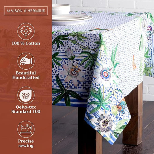 Maison d' Hermine Table Cloth Rectangle Table 100% Cotton 60 x 108 Inches Tablecloth Reusable Decorative for Dining Room Farmhouse Home Valentines Day Decorations Spring Summer - Passiflora