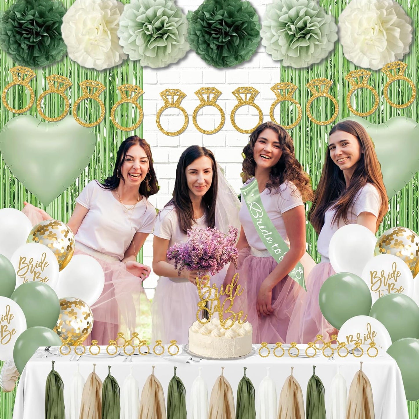 Sage Green Bachelorette Party Decorations, Bride to Be banner, Bridal Shower Decorations with Balloons,Bridal Sash, Paper Pompoms for Bachelorette Engagement Party favors