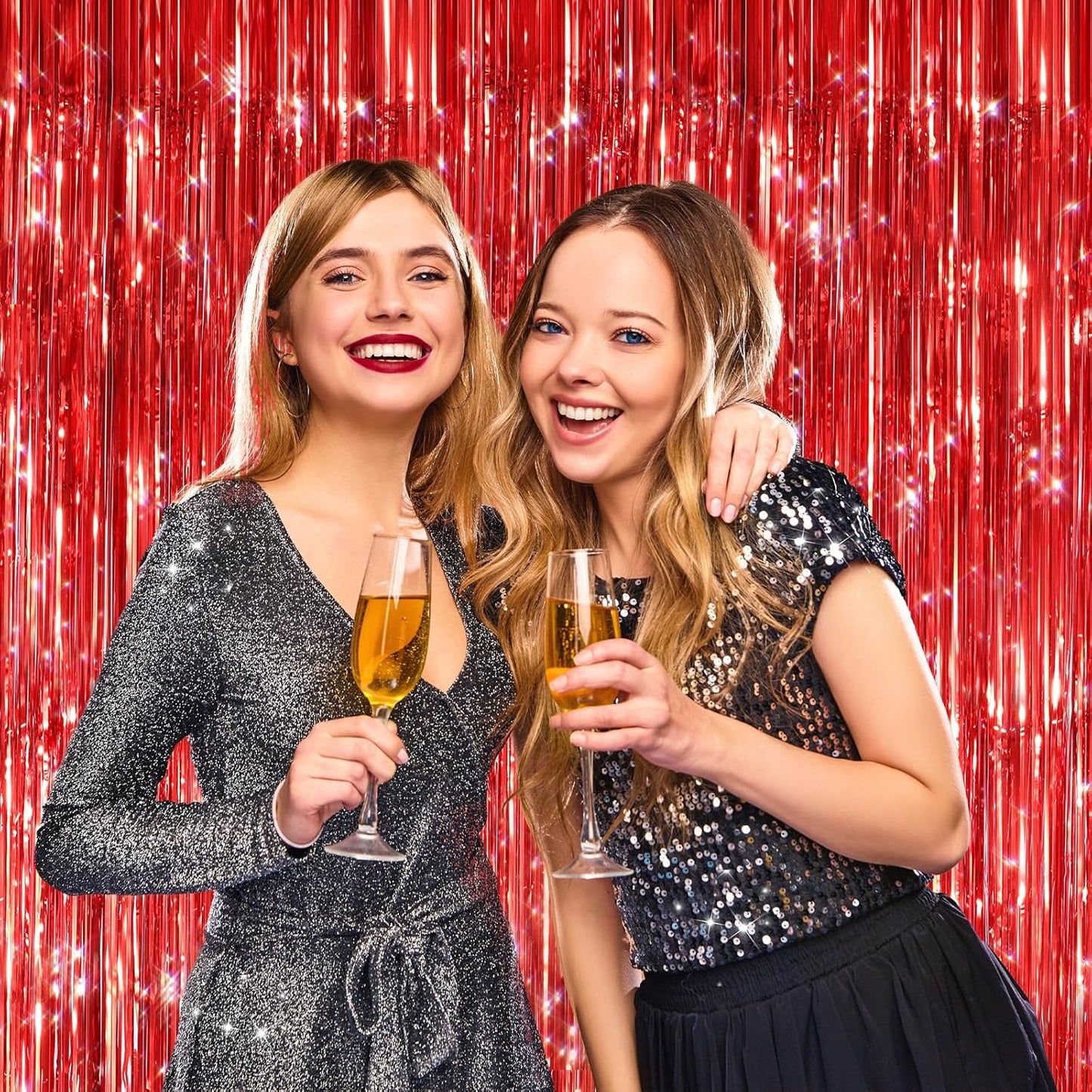 2 Pack Red Metallic Tinsel Foil Fringe Curtains, Door Streamers Photo Booth Backdrop for Birthday Party, Tinsel Curtain Backdrop for Baby Shower Bachelorette Christmas Party Decorations