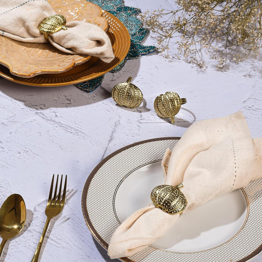 Napkin Rings Set of 12 - Pumpkin Elegant Napkin Holders Modern Serviette Buckles Metallic Adornment for Table Settings for Thanksgiving, Fall, Halloween & Holiday (Antique Gold) - CLEENTABLE