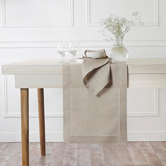 D'Moksha Homes Linen Natural Table Runner 90 Inches Long - Classic Hemstitch 100% Pure Linen Dining Table Runner 14 x 90 Inch for Fall, Autumn and Halloween