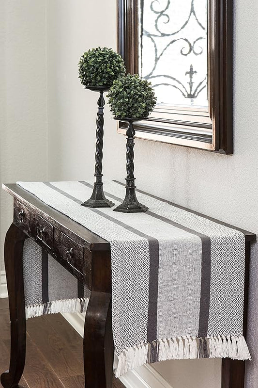 Sticky Toffee Cotton Table Runner, 14 x 72 Inch, Gray Woven Farmhouse Boho Striped Table Décor for Kitchen or Dining