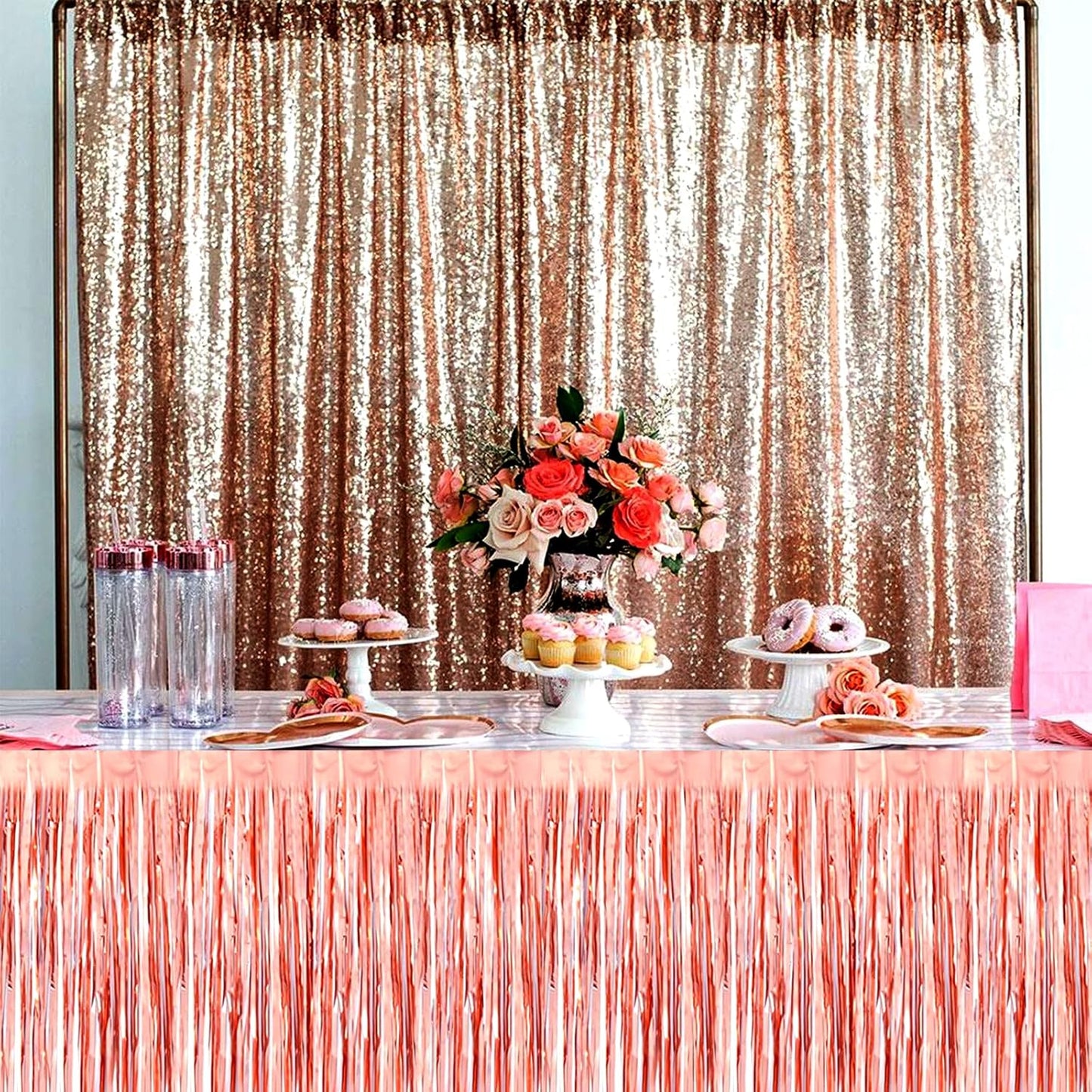 6 Pack 29x108 Inch Rose Gold Metallic Foil Fringe Table Skirts Banner for Tinsel Streamer Garland Curtains Backdrop for Parade Floats Wedding Baby Shower Birthday Christmas Halloween Party Decoration