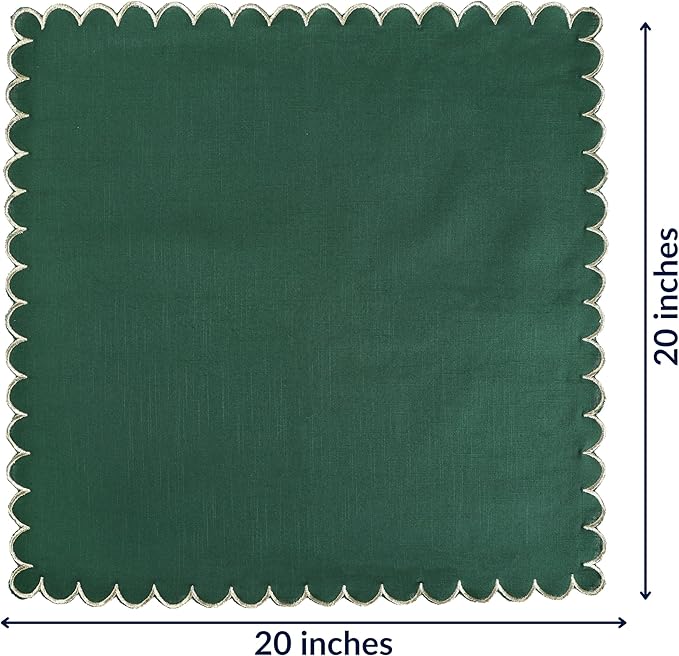FINGERCRAFT Cloth Napkins, Everyday Use Scallop Design with Golden Zari, Premium Quality Natural Cotton Napkin Cloth Set of 6 Perfect for Parties Dinners Weddings Christmas 20x20 inch Eden Green