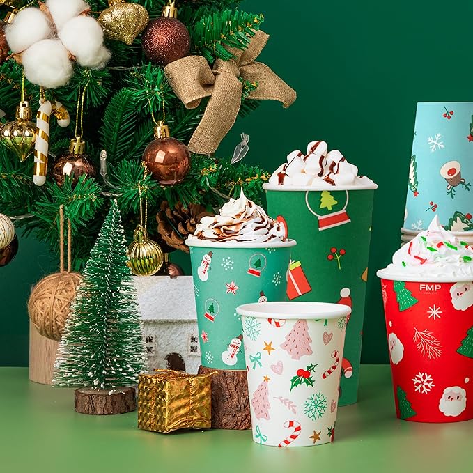 Fit Meal Prep 50 Pack 12 oz Christmas Disposable Coffee Cups, Premium Christmas Paper Cups for Hot/Cold Beverages, Xmas Party Cups for Kids, Adult, Party, Holiday